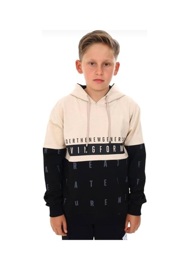 Erkek Çocuk Kapüşonlu Moving Forward Yazılı Harf Desenli Sweatshirt-13385-camel Camel