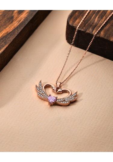 925 Ayar Zirkon Taşlı Rose Birleşen Kuğular Kalp Motifli Gümüş Aşk Kolyesi Gümüş - Rodyum