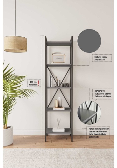 Nilamu Antrasit 45 Cm Kitaplık, Metal Aksamlı, Organizer, Ofis, 45 170 34 Antrasit