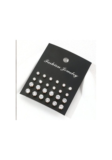 Flybuy 12'li Zirkonlu Gümüş Küpeler: Şık, Parlak, Çiftlere Özel, 4-6mm, 1.5cm Gümüş