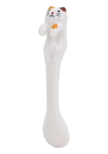 Neevoyu Seramik Kedi Şekilli Kadeh Ve Kaşık Seti, Askı Yüklü, Glaze Kaplama, 300 Ml, Beyaz, Kızlar İçin Hediye Beyaz