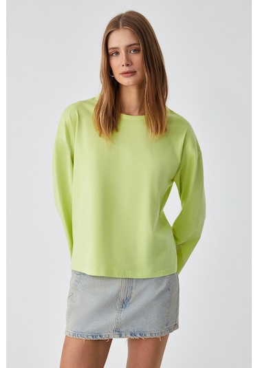 BASIL Kadını Oversize %100 Organik Pamuk Örme Uzun Kol Yeşil T-Shirt