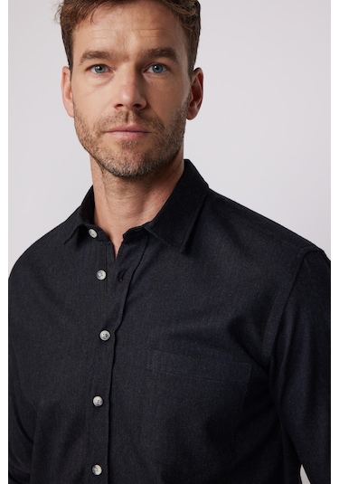 Tudors Klasik Fit Armürlü Spor Yaka Düz Oduncu Siyah Erkek Gömlek-28599-siyah Siyah