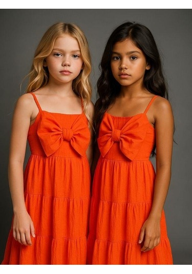 Kız Çocuk Askılı Fiyonklu Dokuma Elbise-16076 Turuncu