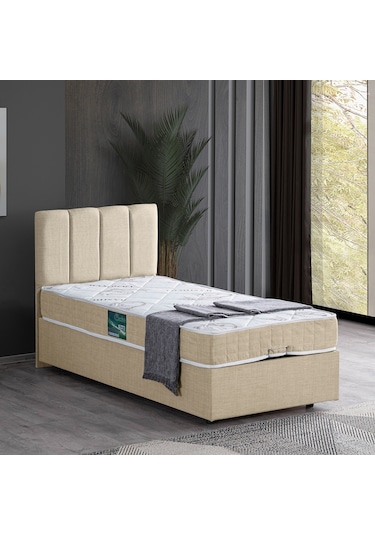 Setaymobilya Baza, Tek Kişilik Defne Baza + Başlık + Comfort Yatak Seti, Krem