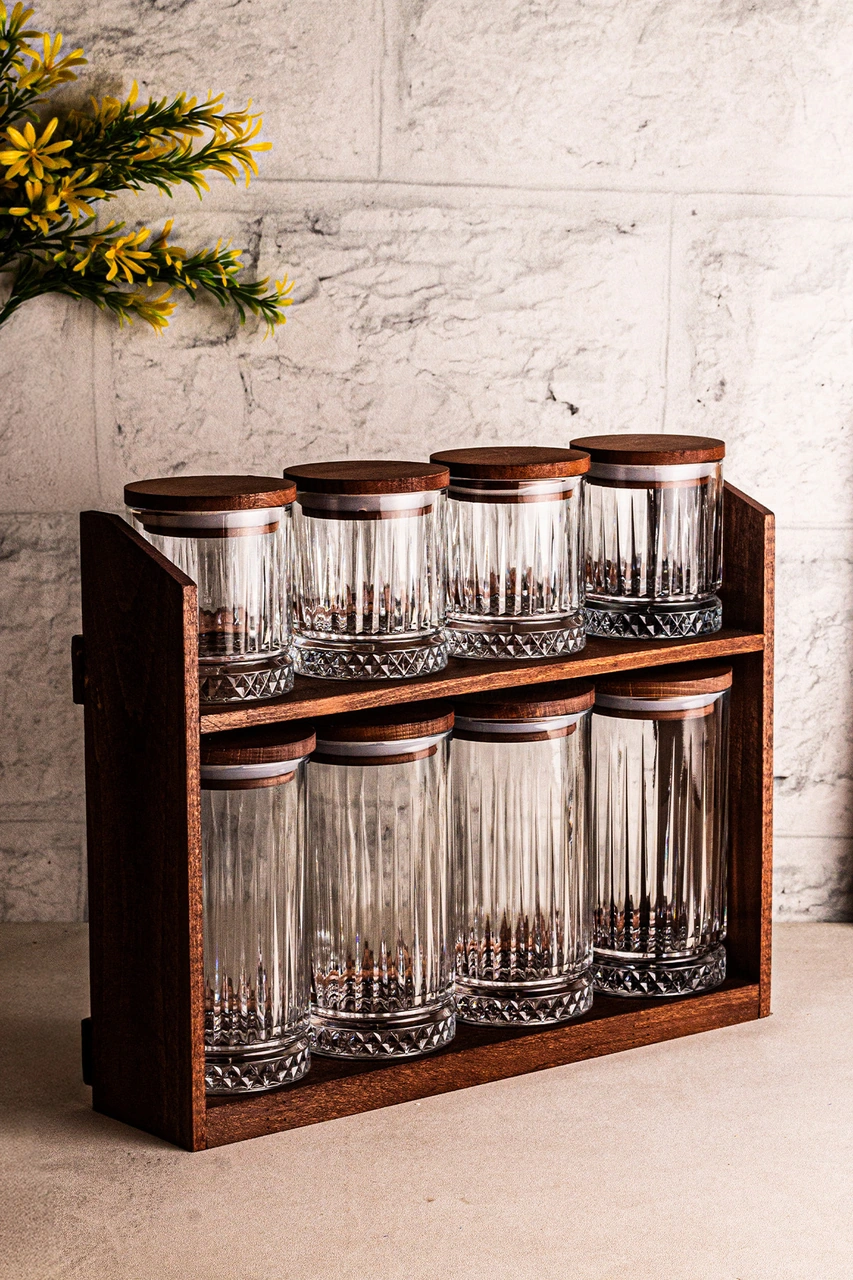 Mira Mix - 8'li Ahşap Standlı Vakumlu Ahşap Kapaklı Cam Baharatlık Takımı Saklama Kabı Seti Ahşap