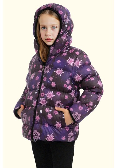 Kız Çocuk Pusula Desen Polar Su Ve Rüzgar Geçirmez Kapüşonlu Şişme Kışlık Mont Mor