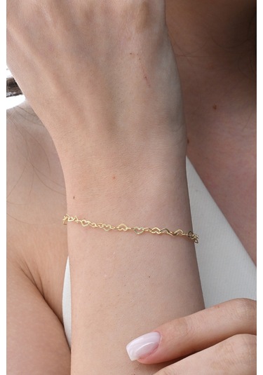 Gümüş Altın Yaldızlı Tasarım Birbirine Bağlı Kalpler Zincir Bileklik Barcode Gümüş