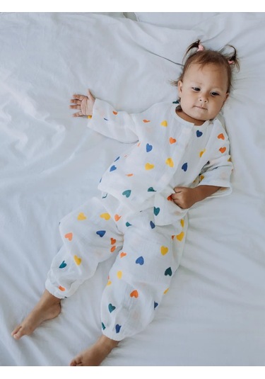 Ruandı Çocuklar İçin Kalp Desenli Müslin Pijama 262914557 Beyaz