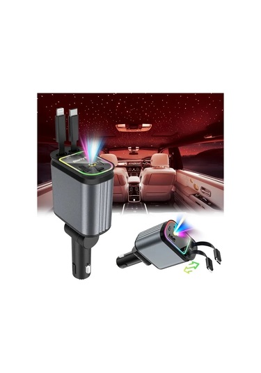 Honeybeeshop Gri 4ü 1 Arada Geri Çekilebilir Araba Telefon Şarjı 66w Hızlı Şarj Led Projektör