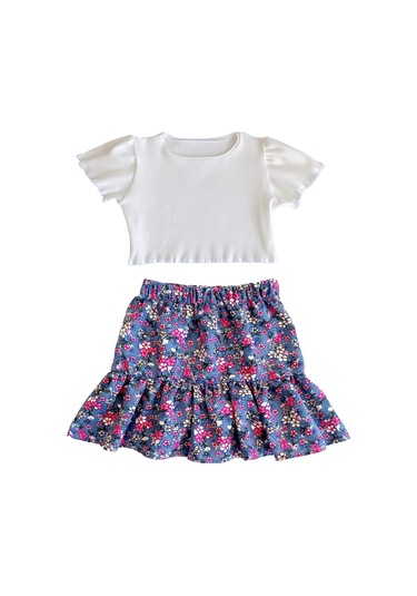 Çocuk Etekli Crop Takım, Çiçekli Fırfırlı Etek - Ekru Crop Ekru-fırfırlı Ekru
