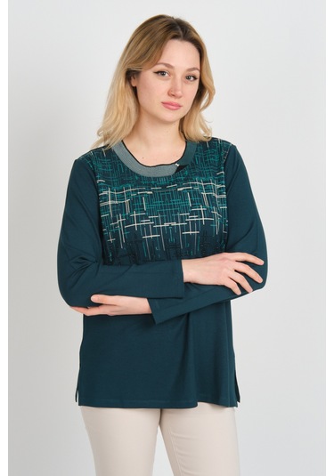 Detay Triko Kadın Taş Detaylı Desenli Yanları Yırtmaçlı Uzun Kol Anne Bluz 5741 Zümrüt Zümrüt