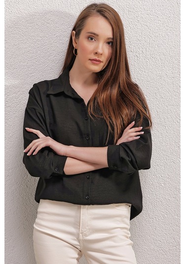 Bigdart 20153 Tek Cepli Oversize Gömlek - Siyah 001