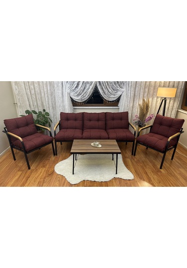 Modern Modern Style Home Modern Erciyes Balkon, Bahçe, Cafe - Metal Kanepe Koltuk Takımı - 3+1+1 Sehpa Bordo Modern3bs Bordo