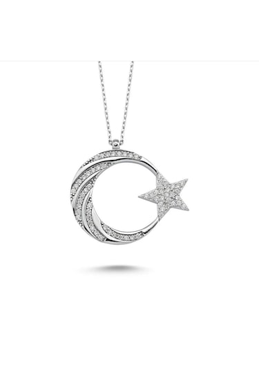 Modahilye - 925 Ayar Gümüş Ayyıldız Taşlı Kolye Gümüş - Rodyum