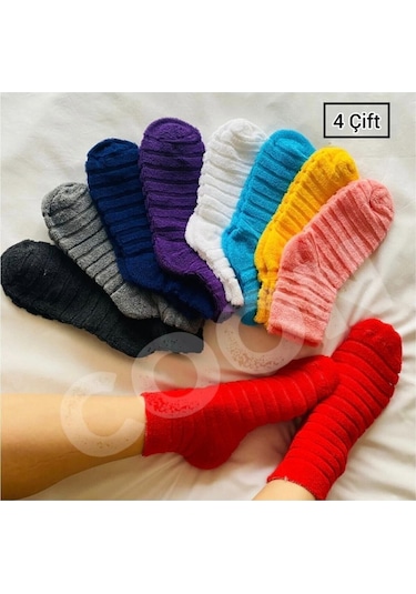Trampler Kadın 4 Çift Kışlık Ters Havlu Renkli Çorap Çok Renkli