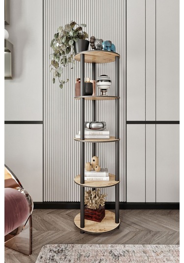 Dekoratif Masivo Kitaplık 5 Katlı 34 Çap Yuvarlak Çok Amaçlı Raf Meşe