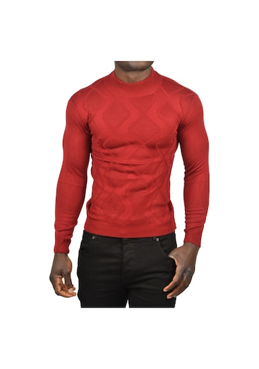 Deepsea Erkek Bordo Deepsea Baklava Desenli Slim Fit Yarım Balıkçı Yaka Triko Boğazlı Kazak 2505511 Bordo