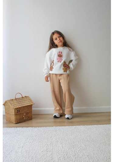Kız Çocuk 3 İplik Şardonlu Peluş Baskı Detaylı Sweatshirt - Eşofman Alt Üst Takım 3riple Ekru