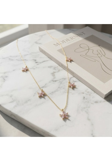 925 Ayar Gümüş Altın Kaplama Pembe Taşlı Çiçek Kolye Gold