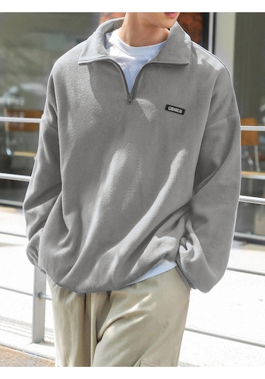 Genıus Store Erkek Polar Oversize Sweatshirt Polar Sweatshirt Gri