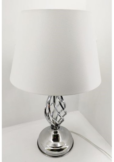 Gümüş Gri Rustik Burgulu Taşlı Metal Ayak Beyaz Şapkalı Abajur Gümüş