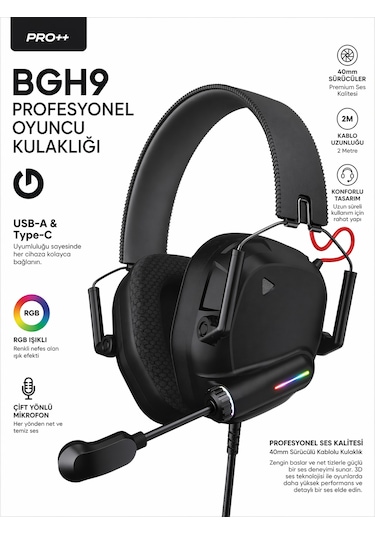 Rgb Oyuncu Kulaklığı Mikrofonlu 40mm Sürücü Kablolu Gaming Headset