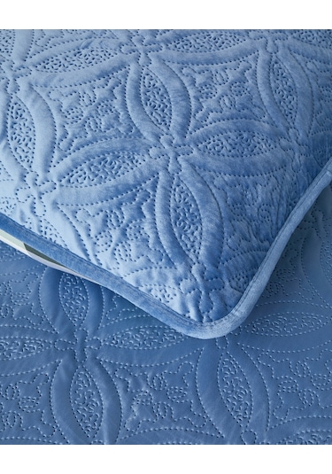 Ornate Check Çift Taraflı Kadife Çift Kişilik Yatak Örtüsü Takımı Koyu Mavi Koyu Mavi