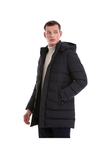 Hatemoğlu Lacivert Slim Fit Hakim Yaka Kapüşonlu Basic Kaban 22232023A008 Lacivert