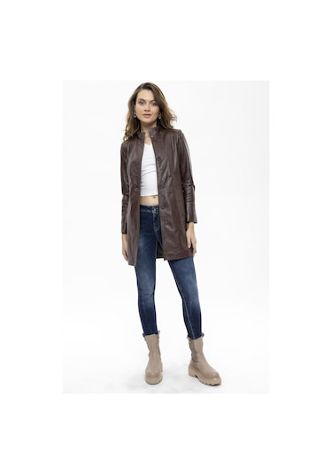Care Kahve Düğmeli Dar Fit Kesim Astarlı Kısa Hakiki Kadın Deri Kaban-kahve Kahverengi