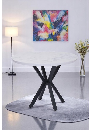 Göksu Yuvarlak Lak Panel Mutfak Masası 100cm Beyaz Mermer