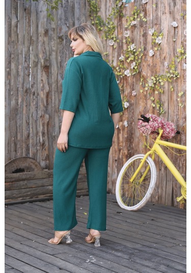 Kadın Günlük Patlı Gömlek Yaka Pantolon Takım Bürümcük Kumaş Yeşil
