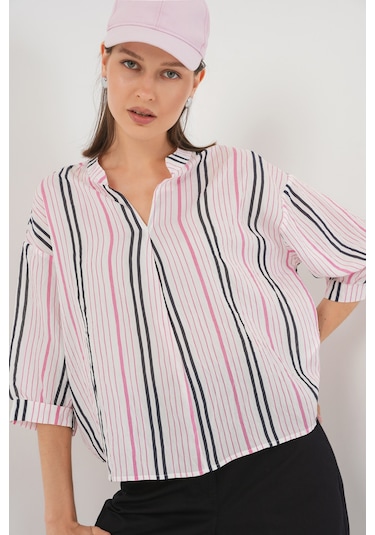 Bigdart Kadın Çizgili Oversize Bluz 967 - Pembe