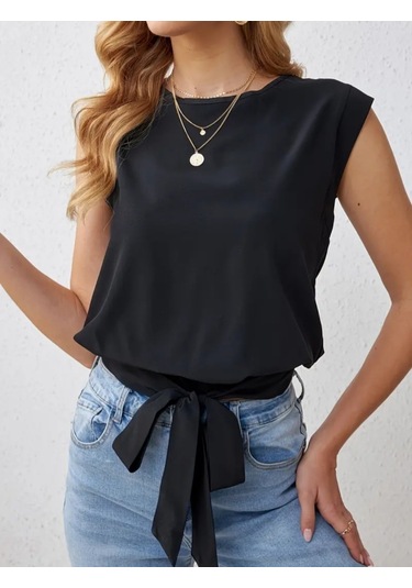 Sensuelle Kadın Sıfır Kol Etek Ucu Bağlama Detay Ithal Krep Bluz Siyah