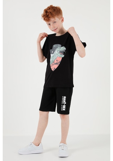 Lela Pamuklu Regular Fit Bisiklet Yaka Şortlu Alt-Üst Erkek Çocuk Takım 6212018 Siyah
