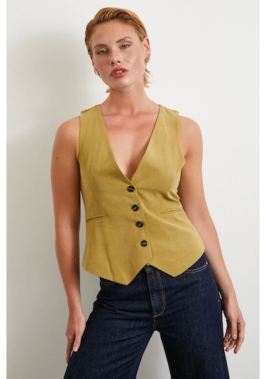 Never More Cep Kapaklı Keten Yelek Olive Olive