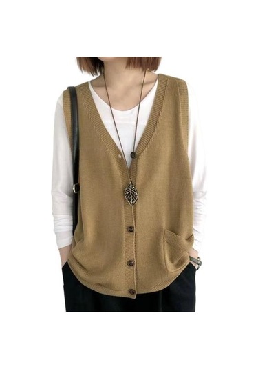 Sarı Kadın Örgü Yelek V Yaka Kolsuz Tek Sıralı Sıcak Yelek Düz Renk Bol Kesim Sarı