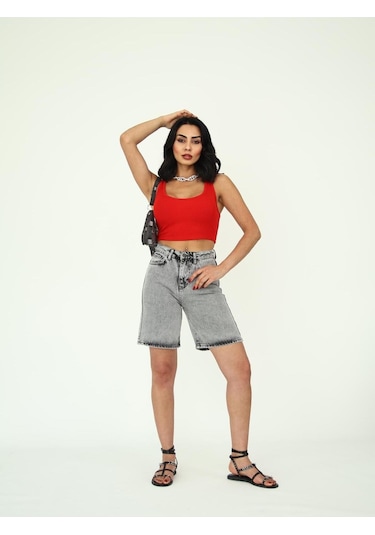Boru Paça Denim Şort Gri