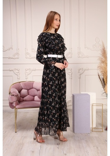 Aymeravm - Omuzu Fırfırlı Desenli Kadın Elbise - She2301Ga