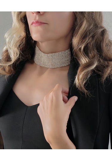 Gümüş Kaplama Rhinestone Choker Tasma Model Kolye Gümüş