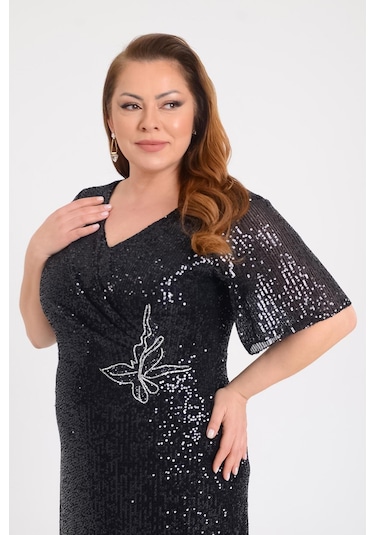 Lilas Xxl Kadın Büyük Beden Pul Payetli V Yaka Uzun Abiye Elbise 9646 Siyah Siyah