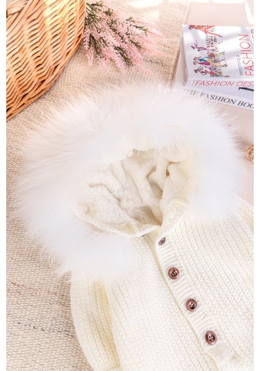 Triko Örgü Kışlık İçi Welsoft Astarlı Kapüşonlu Kız/erkek Bebek Tulum Krem