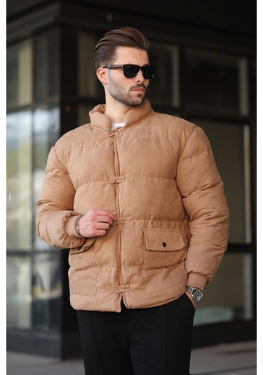 Madmext Camel Düğmeli Dik Yaka Erkek Şişme Mont E7435 Camel
