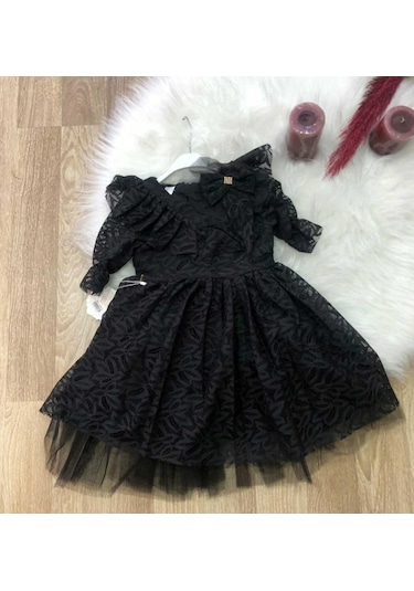 Kız Çocuk Siyah Tül Desenli Doğum Günü Hediye Şık Prenses Elbise Siyah