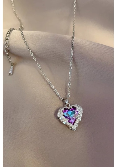 Takı Dükkanı Gümüş Renk Okyanusun Kalbi Kalpli Mor Taşlı Kadın Çelik Kolye Eck51 Gümüş
