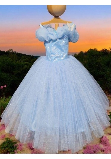 Kız Çocuk Prenses Yaka Kelebek İşlemeli Pullu Tarlatanlı Abiye Elbise-15464 Mavi