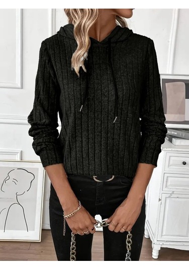Sensuelle Kadın Uzun Kollu Kapşonlu Bağcıklı Şardonlu Kaşkorse Bluz Siyah