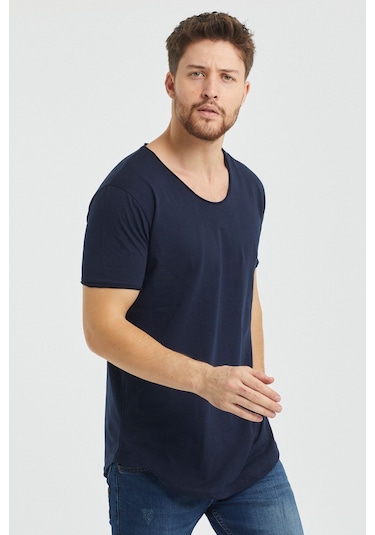 Tarz Cool Erkek Bisiklet Yaka T-shirt Lacivert