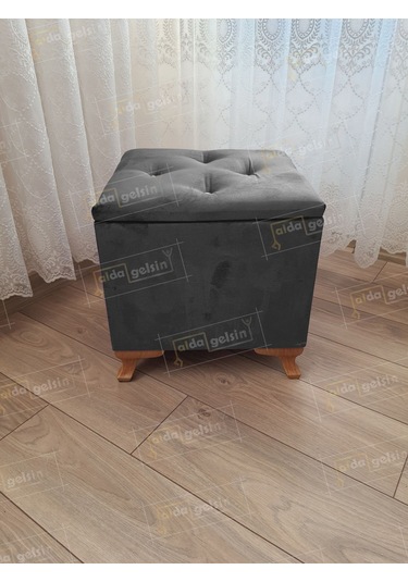 Lüks Sandıklı Tabure Puf 45 X 45 Cm Ceviz Ayak Antrasit
