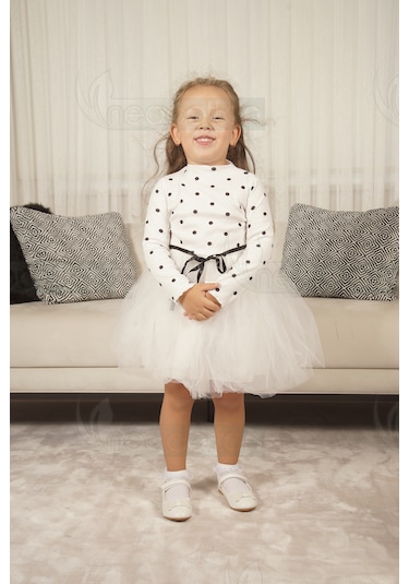 Puantiyeli Kız Çocuk Özel Günler İçin Tüllü Elbise Beyaz